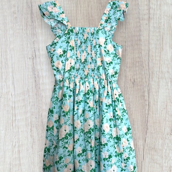 BLUEBERI BOULEVARD Women's Blue Pink Green Floral Ruffle Sleeve Smocked Dress S - Picture 4 of 7